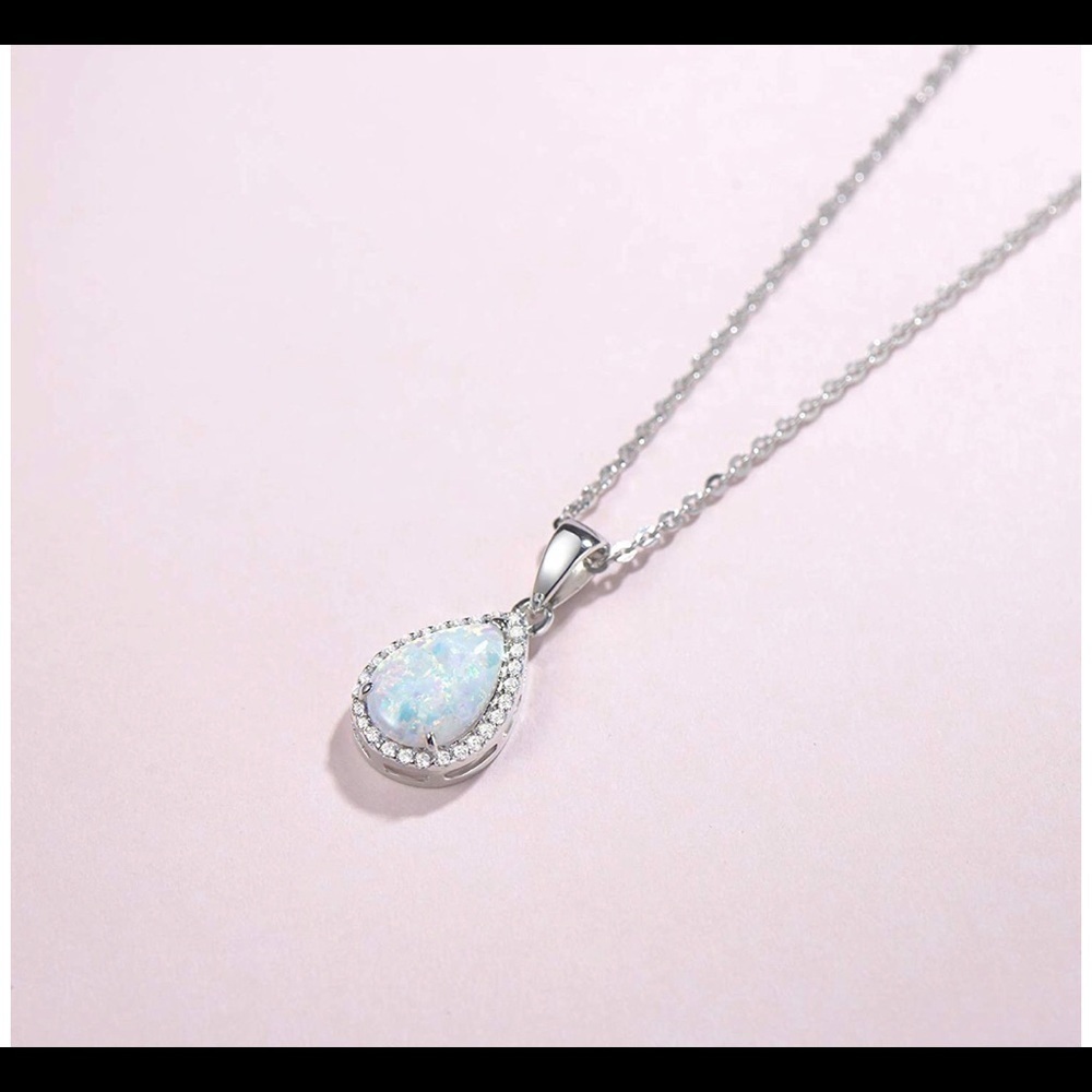 WHITE Opal Sterling Silver Necklace Cubic Zirconia